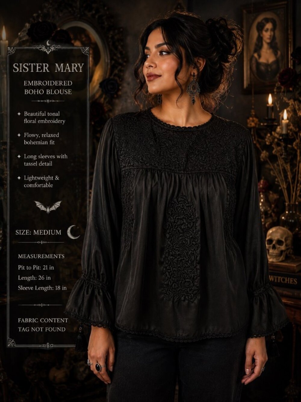 Sister Mary Black Embroidered Boho Peasant Blouse Tassel Tie Long Sleeve Size M